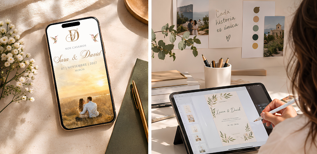 Diseñadora trabajando en una invitación de boda digital con tablet y paleta de colores