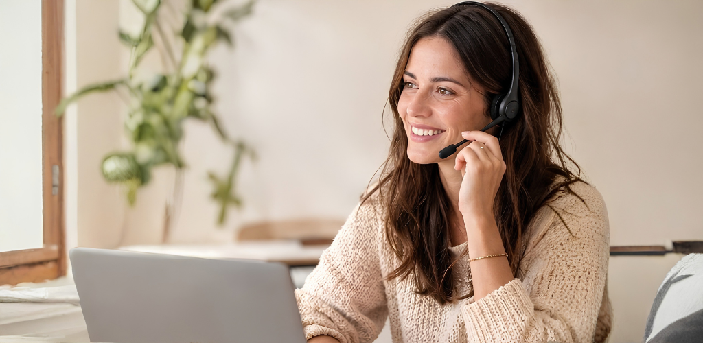 Esther, de Olé Invitaciones Digitales, atendiendo a una pareja con auriculares